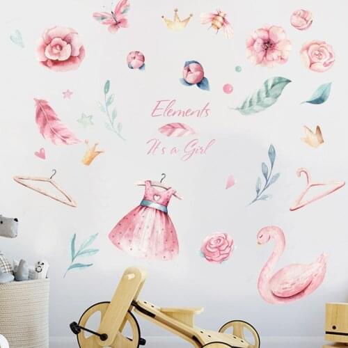 Dreamlike Wall Sticker For Girls Bedroom Pink Flowers Dress Leaves Wallpaper For Kids Room Cute Baby Decorative Wall Decal