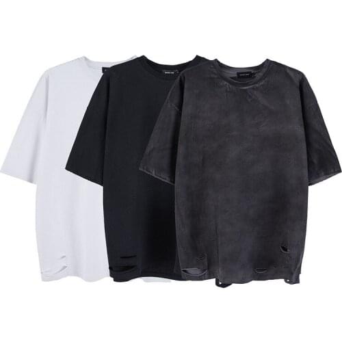 High Street Summer Mens Tshirts Hem Hole Fashion Short Sleeve T-shirt Hip Hop Tshirt Loose Fit Clothes Streetwear For Man