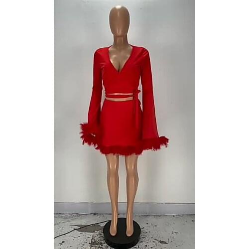 Ready to Ship Summer new style fashion trumpet sleeve v neck bandage crop top 2021 new arrivals feather 2 piece skirt set