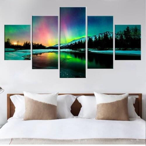 Canvas Paintings Living Room Decor HD Prints Pictures 5 Pieces Aurora Borealis Lake Mountain Landscape Poster Wall Art Framework