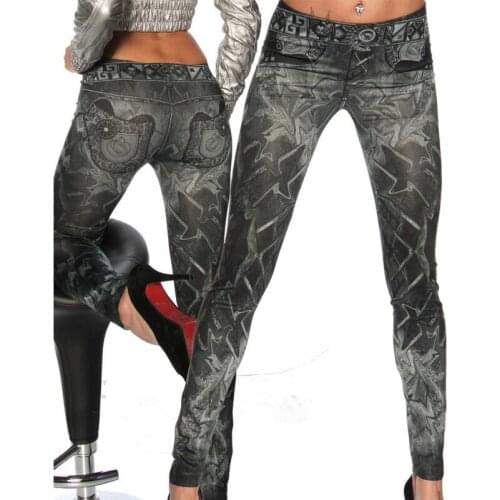 New Slim False Imitation Jeans Fitness Leggins Women Denim Leggings Nine Pants Tattoo Painted Leggings Black One Size