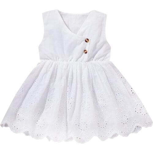 OPPERIAYA Summer Baby Girl Clothing Casual Princess Dress Button White Solid Color V-neck Sleeveless Big Hem One-piece Dresses