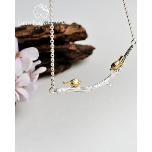 Lotus Fun Moment Real 925 Sterling Silver Natural Original Handmade Fashion Jewelry Bird on Branch Necklace for Women Bijoux