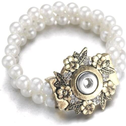 New 12MM Snap Button Bracelet Handmade Imitation Pearl Beads Snap Bracelet Adjustable Elastic DIY Charm Bracelets 5508