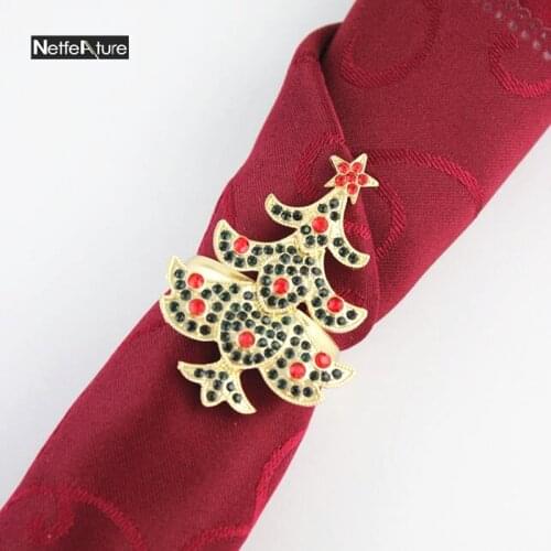 New Arrival 6Pcs Rhinestone Christmas Tree Style Napkin Ring Alloy Napkin Buckle For Festival Home Restaurant Table Decors Rings