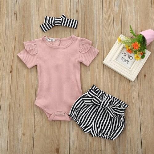 Baby Girls Infant Clothes Set Romper Jumpsuit Bowknot Stripe Shorts Outfits Infant Clothing For Baby Girls Clothes Set 2020 3Pcs