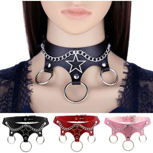 Decopunk Punk PU Leather Circle Round Pendant Necklaces for Women Girls Gothic Stars Choker Necklace Harajuku Anime Jewelry