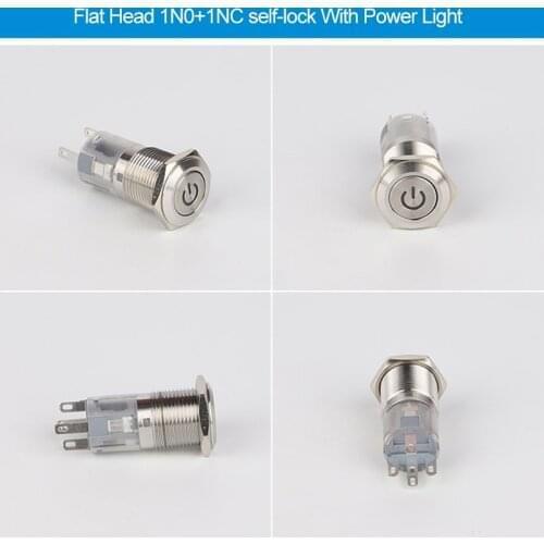 16mm 1NO+1NC 2NO+2NC Flat Metal Head Latching fixation Push Button with light Switch Waterproof Self-lock Push Button Switch