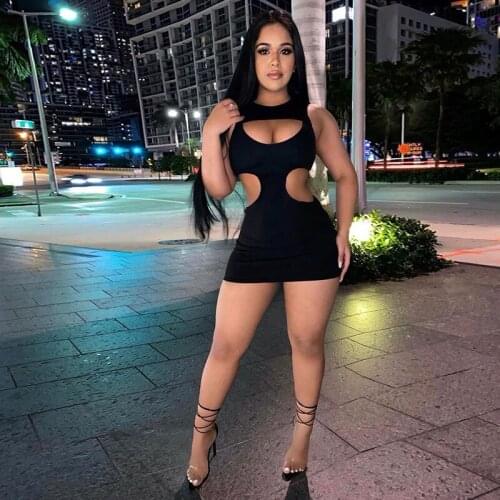 Sexy Women Bodycon Dresses Hot Hollow Out Sleeveless O-Neck Solid Black Clubwear Party Mini Dress Fashion Female Outfit Vestidos