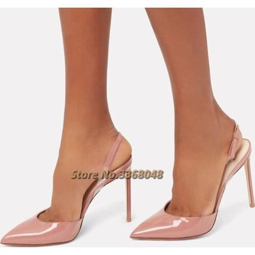 Patent Leather Slignback Pumps Slip On Sexy Pointed Toe Shallow Back Starp Patchwork PVC Dress Women Hihg Heels Shoes