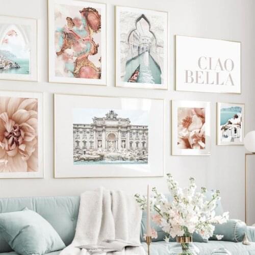 Venice Canal Amalfi Arch Fountain Flower Ink Wall Art Print Canvas Painting Nordic Poster Wall Pictures For Living Room Decor