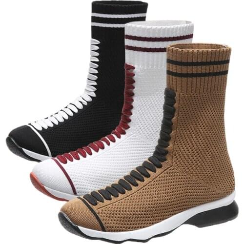 2021 New Sock Boots for Woman Autumn Fashion Mesh Boot Female Slip on Mid Flats Casual Large Size Ladies Travel Shoes Women