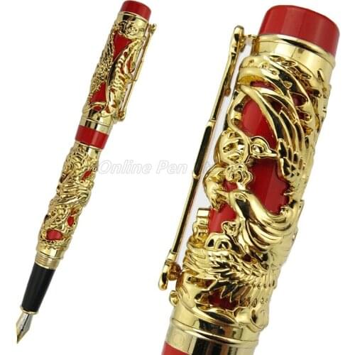 Jinhao Vintage Metal Red And Gold Carving Embossing Dragon Phoenix Medium Nib Heavy Fountain Pen Noble Office School