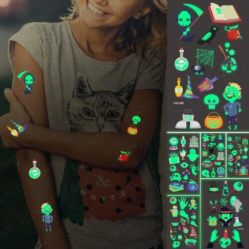 Halloween Temporary Tattoo Stickers Waterproof Demon Death Sickle Horror Boy Skull Glowing Tatoo Man Woman Child Luminous Tatto