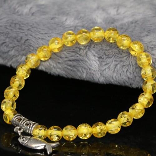 New Fashion 6mm Yellow Imitation Resin Beeswax Round Beads Women Lady Chain Bracelets Fish Pendant Jewelry 7.5inch B2122