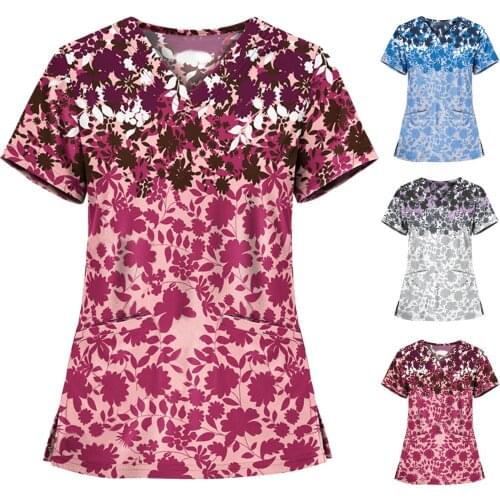 Working Nurse Uniform Tops Leaves flowers Printing T Shirt Scrubs Pocket Knitted Short Sleeve V Neck Nursing Clothes for Women