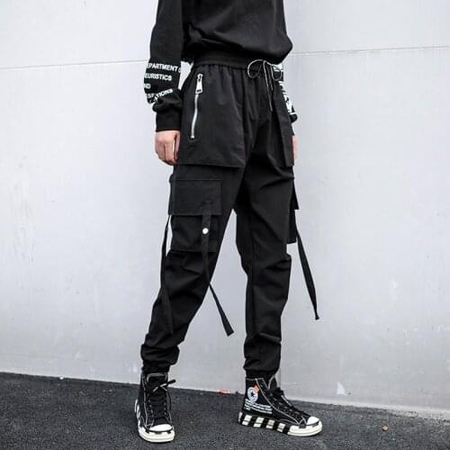 Women Loose Thick Elastic Waist Cargo Pants Women 2019 Autumn and Winter Punk Style Casual Black Trousters With Streamers