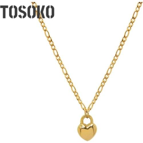 TOSOKO Stainless Steel Jewelry Love Heart Lock Pendant NecklaceWomens Fashion Clavicle Chain BSP970