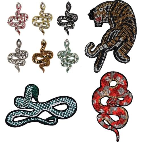 1PC Large Tiger Beaded Small Snake Patch Sewing Diamond Applique Clothes Jacket Bag Decoration Patch DIY Craft Badge TH1285