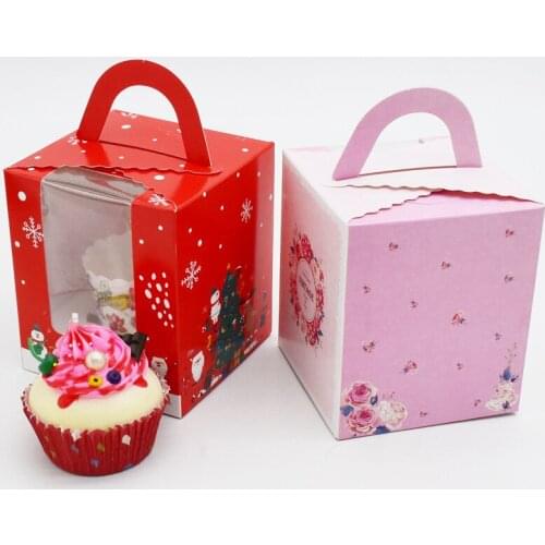20pcs Cake Paper Box With Window&Holder Christmas Wedding Candy Gift Box For Packaging Cartoon Pink Rose Wreath Cupcake Boxes
