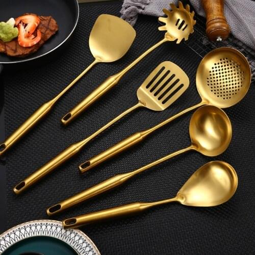 6pc Stainless Steel Cooking Utensils Set Gold Soup Ladle Spatula Rustproof Modern Cooking Gadget Stainless Steel Spoon