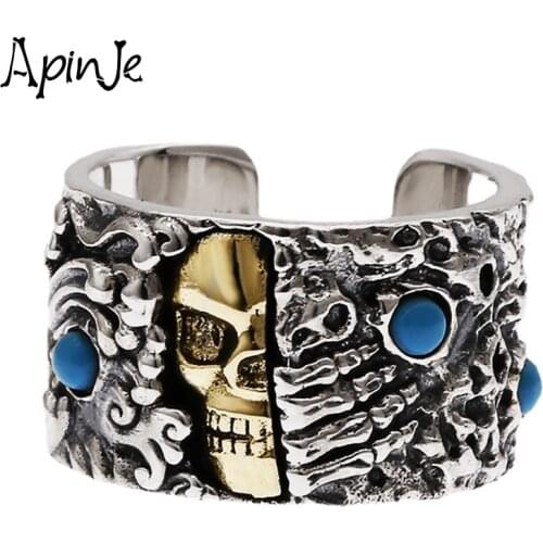 Apinje Vintage 925 Sterling Silver Skull Ring for Men Agate Antique Blue Stone Ring Punk Jewelry