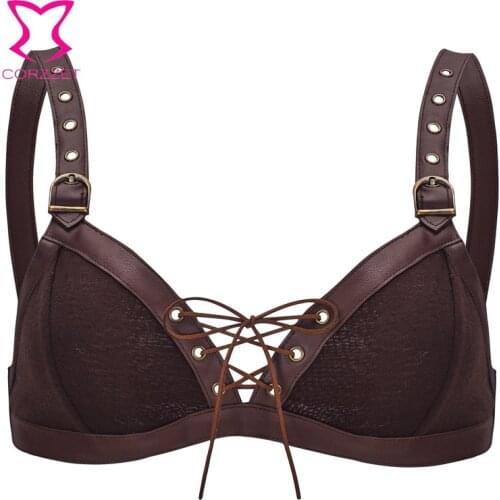 Brown Rock Punk Bras Leather Rivet Button Bustier Gothic Style Sexy Push Up Night Dance Party Clubwear Bralette Bra For Women