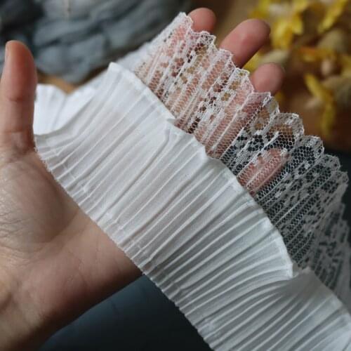 10CM Wide Double Layers White Voile Chiffon Pleated Lace Fabric Embroidered Fringe Ribbon Cuffs Ruffle Trim Apparel Sewing Decor