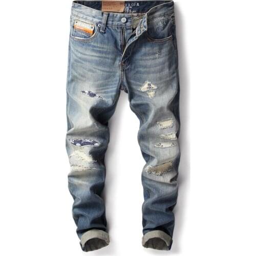 Fashion Streetwear Slim Fit Skull Embroidery Designer Ripped Jeans Men Patchwork Broken Pants Hip Hop Jeans Homme