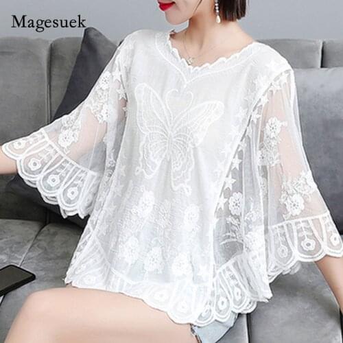 Elegant Lace Shirt Summer Womens Tops and Blouses Three Quarter Loose Shirts White Women Sunscreen Shirt Outside Blouse 4014 50