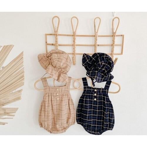 2pcs Newborn Boys Girls Sleeveless Sling Lattice Romper+hat Clothes Suit Korean Infant Triangle Cute Romper Strap Blue Overalls