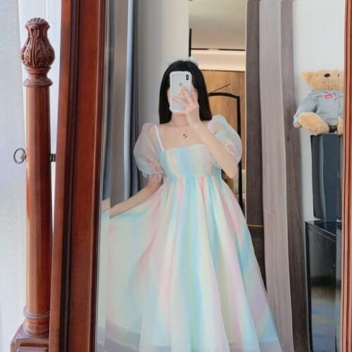 Summer Elegant Rainbow Fairy Dress Women Kawaii Designer Print Sweet Dress Female High Waist Casual Sweet Party Midi Dress 2021