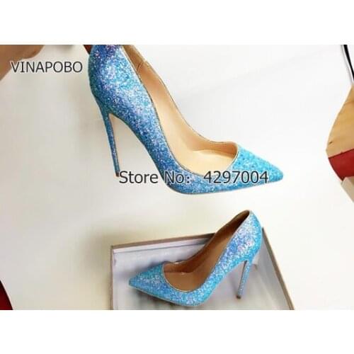 VINAPOBO 2018 new summer pumps sexy high heels slip-on Stiletto glitter sequined shiny cloth plus size white blue wedding shoes