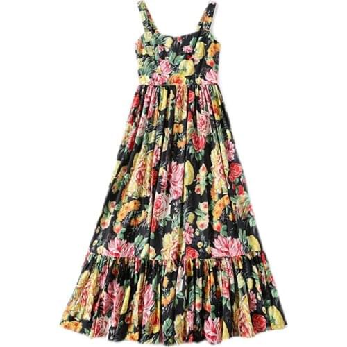LUKAXSIKAX 2021 New Summer Women Vacation Sexy Strap Long Dress High Quality Designer Gorgeous Flowers Print Runway Dress
