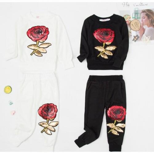 2021 New Autumn Winter Toddler Girls Clothing Kids Tracksuit For Girl Sequined Rose Sweatshirt + Pants Suits Childrens Clothing