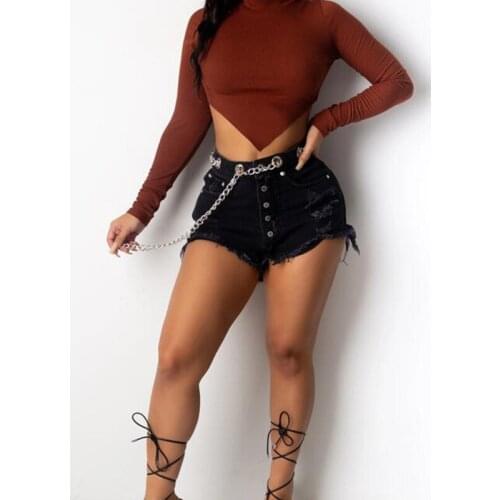 New Black Worn Hole Jeans Womens Denim Shorts With Chain Belt