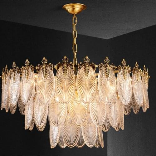 New LED Feather Type Glass Chandelier Lighting For Living Room Luxury Copper Hanging lamp For Villa Hotel Home light Fixture