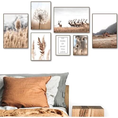 Dandelion Dried Flowers Deer Hut Autumn Scenery Poster Nordic Print Wall Art Canvas Printing Botanical Picture Home Decor