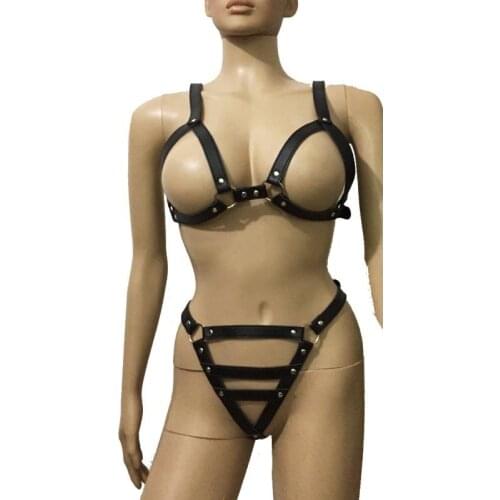 Sexy PU Leather Strappy Cupless Bondage Bra Crop Top and Thong Bikini Body Harness Belt Fetish Cosplay Fancy Costume