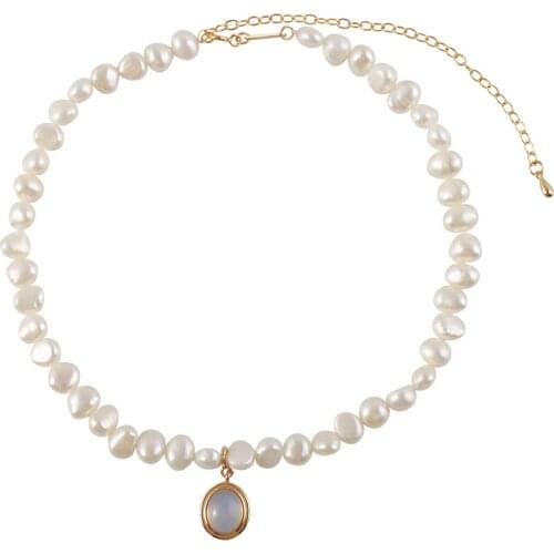 Freshwater pearl white 5-7MM baroque +MOONSTONE pendant chocker necklace 30cm for xmas gift