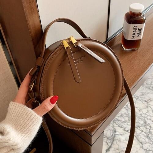 Retro Simple Small Round Bag 2021 Fashion PU Leather Womens Messenger Bag Crossbody Bag