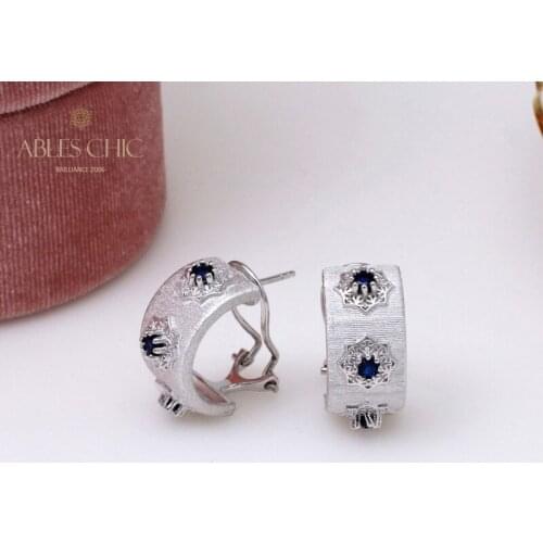 925 Sterling Silver Silk Pattern Prong Sapphire CZ Hoop Earrings Flower Nature Theme Wide Clip on Stud Earring C11E4S25332