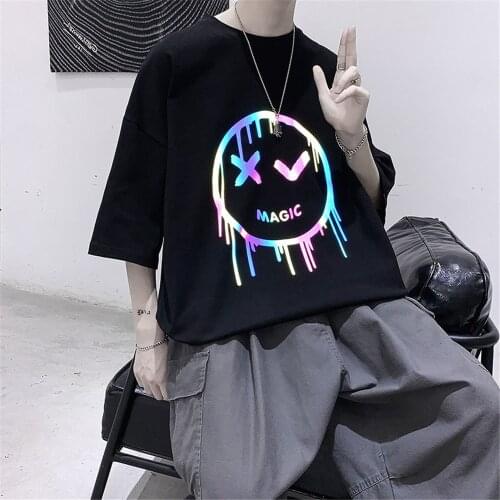Funny Reflective Tshirt Streetwear Male Japanese Loose Cool T Shirt High Street Oversize Half Sleeve Gothic O Neck T Shirt Men