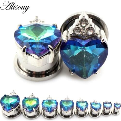 Alisouy 2pcs Stainless Steel Love Heart Cubic Zirconia Crystal Ear Plug Expander Flesh Tunnel Stretcher Body Piercing Jewelry