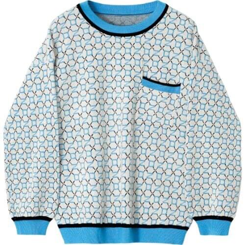 Luxury Korean Chic Autumn Winter Womens Sweater O-Neck Contrast Color Long Sleeve Pullover Knitting Tops Geometric Lady Jumpers