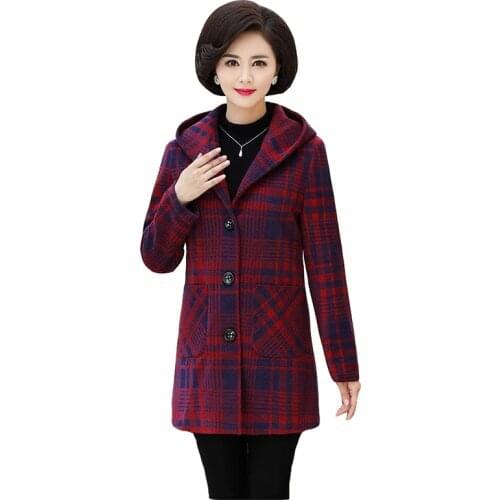 Mother Autumn Winter Woolen Overcoat Outsidewear Women Fashion Loose Medium Long Plus Size Hooded Plaid Wool Jacket Female
