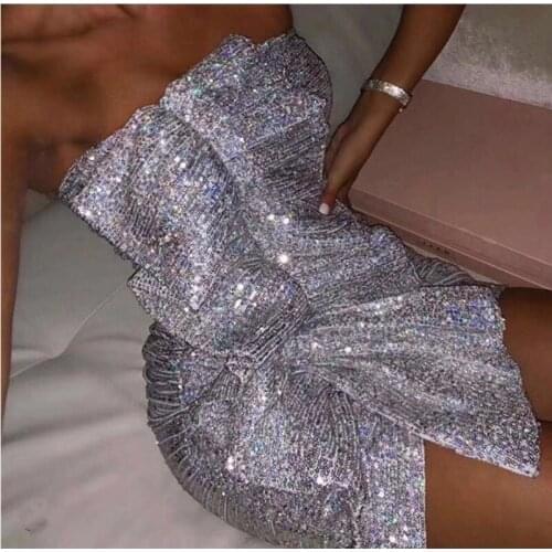 2019 New Sequined Bodycon Sexy Dress Women Party Club Wear Strapless Dresses Sliver Celebrity Mini Dress Fashion Vestidos