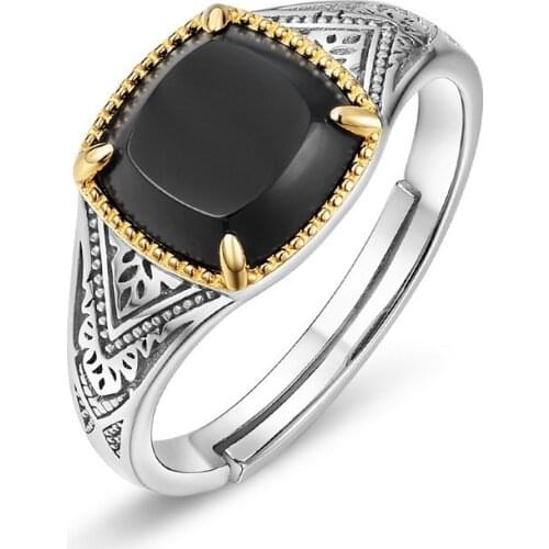 Japan vintage natural black agate seal rings for women classical decorative pattern female 925 sterling silver ring fine jewelry