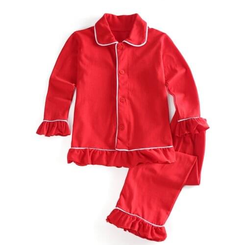 100% cotton Boys and Girls sleepwear Plain color Family Matching Kids Christmas Ruffle kids button up pyjamas