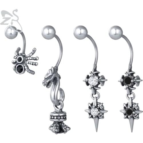 ZS 2 Pcs 316L Stainless Steel Punk Drop Earring Women Men CZ Crystal Spider Stud Earrings Belly Piercings Rock Vintage Jewelrys